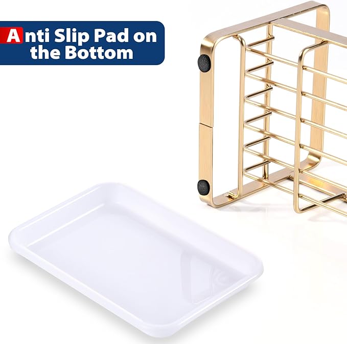 HULISEN Kitchen Sink Sponge Holder, 304 Stainless Steel Kitchen Soap Dispenser Organizer, Countertop Drainer with Removable Tray, not Including Dispenser and Brush, Gold
