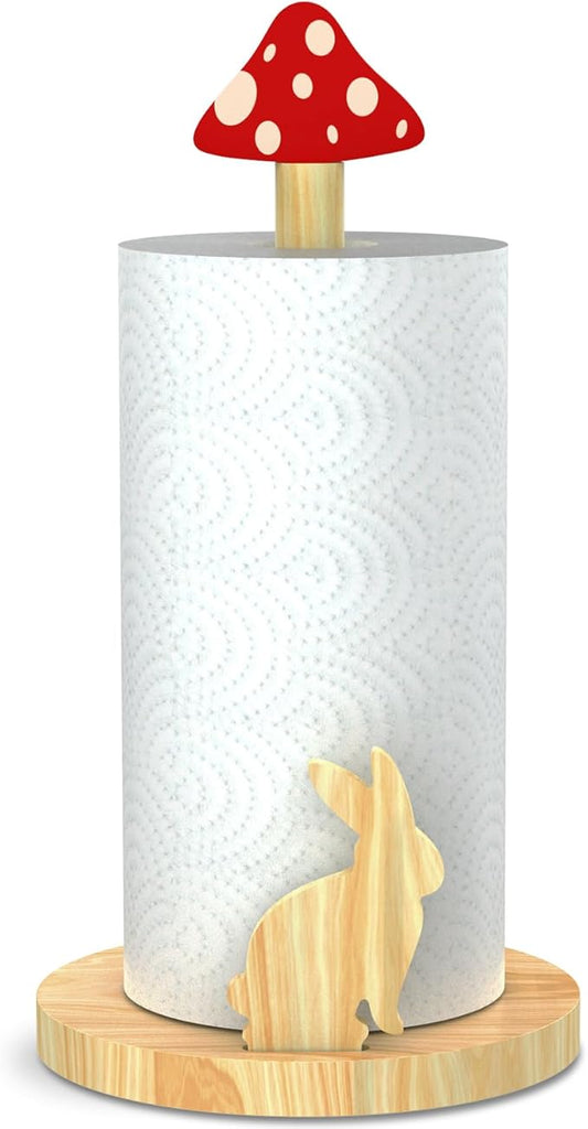 Paper Towel Holder, Mushroom Cottagecore Decor Kitchen Paper Roll Stand, Rustic Countertop Towel Dispenser Wooden, Farmhouse Cute Paper Hanger Rack with Whimsical Animal-Inspired Design