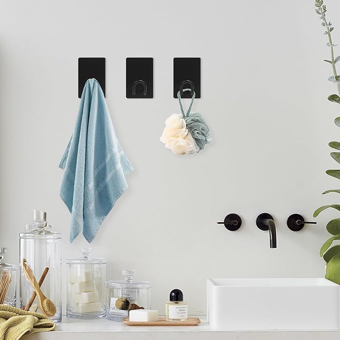 Quavzotu Self Adhesive Hooks Heavy Duty, Large Stainless Steel Towel Hooks, No Drill Sticky Hooks, Long Stick on Shower Wall Hooks for Hanging Hat Coat Key Headphone (Black(6Pcs))