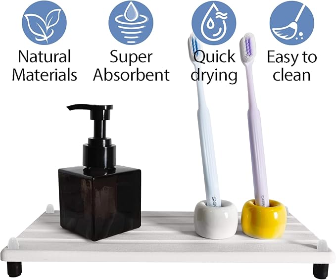 2 PCS Water Absorbing Stone Trays for Bathroom Counter, Fast-Drying Faucet Mat for Kitchen Sink, Diatomite Sink Caddy, Hand Soap Holder with Anti-Skid Feet (9.5" x 4.7" White)