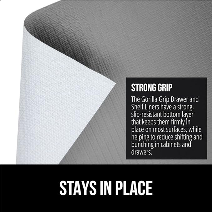 GORILLA GRIP DripGuard Shelf Liner, Non Adhesive Drawer and Kitchen Cabinet Protector, Slip Resistant BPA Free Smooth Surface Plastic Liners for Cabinets, Bathrooms, Closets, 17.5x240 Inch, Gray
