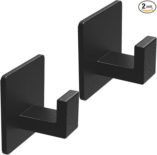 VAEHOLD Adhesive Towel Hooks, Heavy Duty Wall Hooks Aluminum Black Hooks for Hanging Coat, Hat, Towel, Robe, Clothes, Shower Hook for Door, Office, Kitchen, Bathroom - 2 Pack (Black)