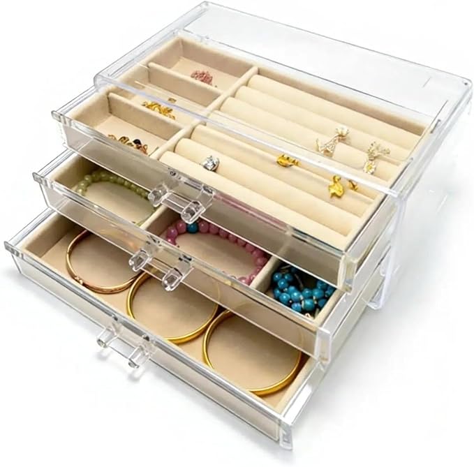 Clear Acrylic Jewelry Box With Drawers, Transparent Acrylic Jewelry Storage Can Be Stacked,Velvet Tray Can Be Adjusted For Storing Earrings Rings Bracelets Necklaces Gift for Women Girls.