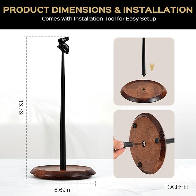 Wooden Paper Towel Holder Countertop, Cute Rabbit Design - Natural Solid Wood Base with Iron Rod,Paper Towel Holder countertop for Kitchen Roll Organizing, Dining Table & Home Décor