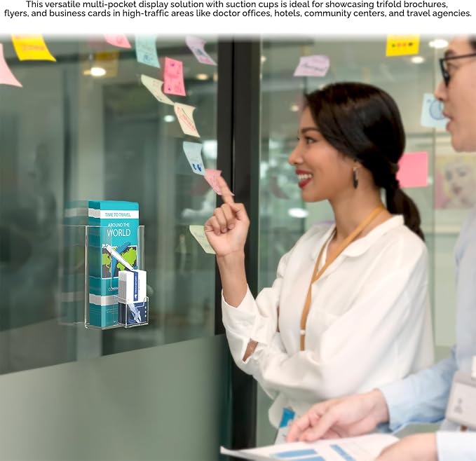 Suction Cup Tri Fold Holder with Card Slot for 4 Inch Pamphlets and 2" x 3.5" Vertical Contact Info Cards Clear Acrylic Holds Printed Media and Attaches to Glass Walls or Windows by Marketing Holders