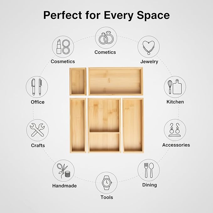 5-Piece Bamboo Drawer Organizer Set Wooden Drawer Organizer for Office，Kitchen Wood Drawer Tea Organier Boxes Silverware, Makeup and Tea Bag