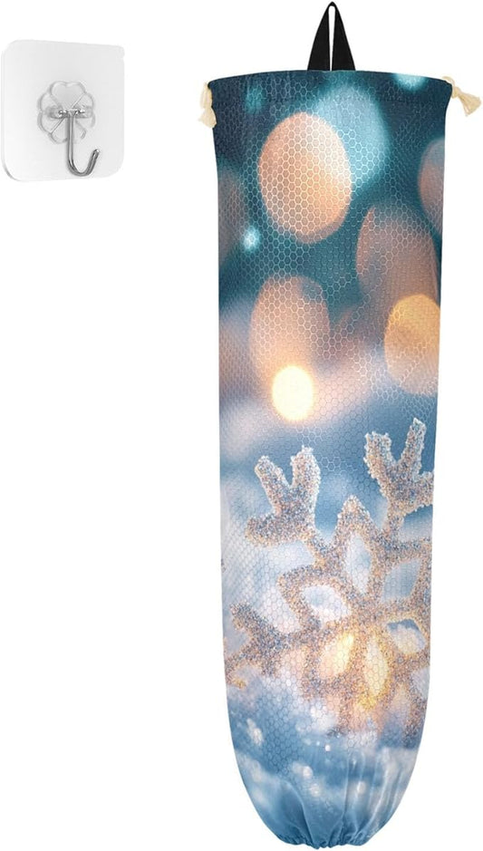 Plastic Bag Holder Wall Mount Grocery Bag Shopping Bag Storage Holder Organizer Dispenser with Adhesive Hook,for Kitchen Bathroom Home Decor 9x22 Inches Christmas Snowflakes Lights Blue40
