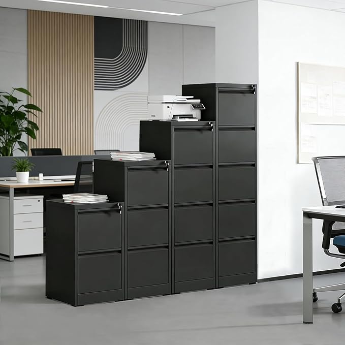 Metal File Cabinet 4 Drawers, Vertical Filing Cabinet for Home Office, File Cabinets with Lock for Legal Letter Size Hanging File Folders Storage Cabinet, (Black)