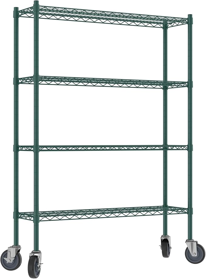 Commercial NSF Listed Green Epoxy Mobile Wire Shelving Kit 12" x 42" x 60", with 4 Shelves Perfect for Warehouse, Walk-in Refrigerator, Freezer, Grocery Store, Restaurant, Dishroom
