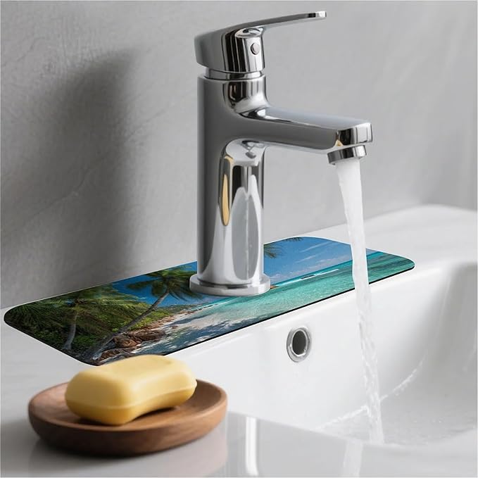 Kitchen Sink Splash Guard，Beautiful beach Faucet Mat Sink Gadgets-Super Absorbent Fast Drying Mat Drip Catcher for Kitchen, Bathroom,Sink Mat, Dish Drying Mat, Bathroom(15" X 5.5" )