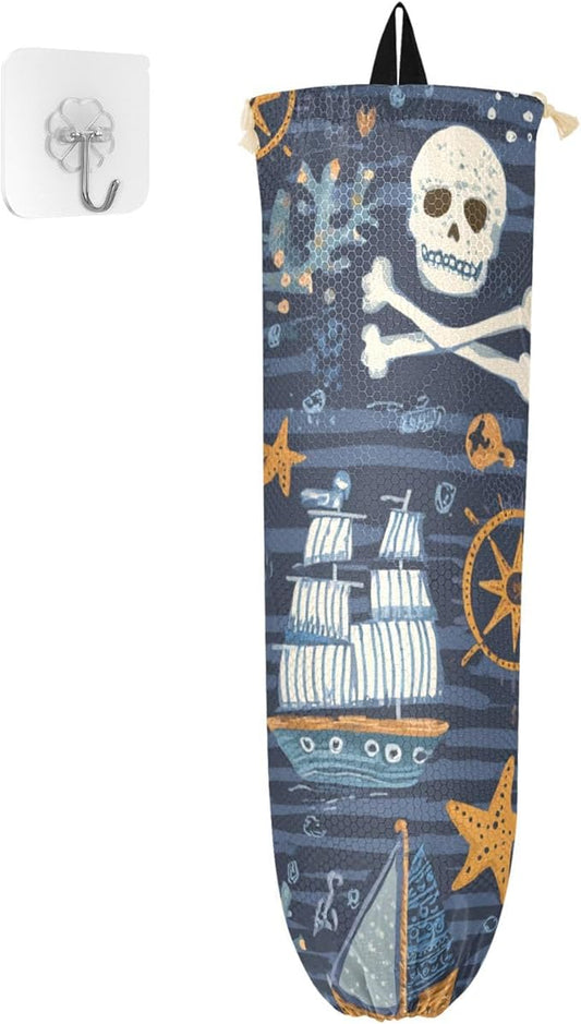 Plastic Bag Holder Wall Mount Grocery Bag Shopping Bag Storage Holder Organizer Dispenser with Adhesive Hook,for Kitchen Bathroom Home Decor 9x22 Inches Blue Pirate Skulls26