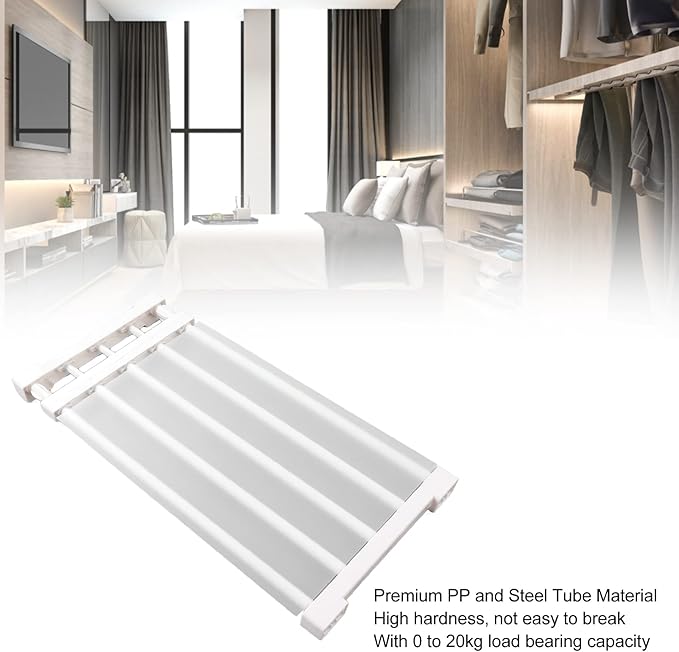 Closet Tension Shelf, Rod Expandable Storage Rack Adjustable Organizer Divider Separator Wardrobe Cupboard Hanging Shelves Pack No Slip Grip Cabinets Inside Capacity (50‑80cm /
