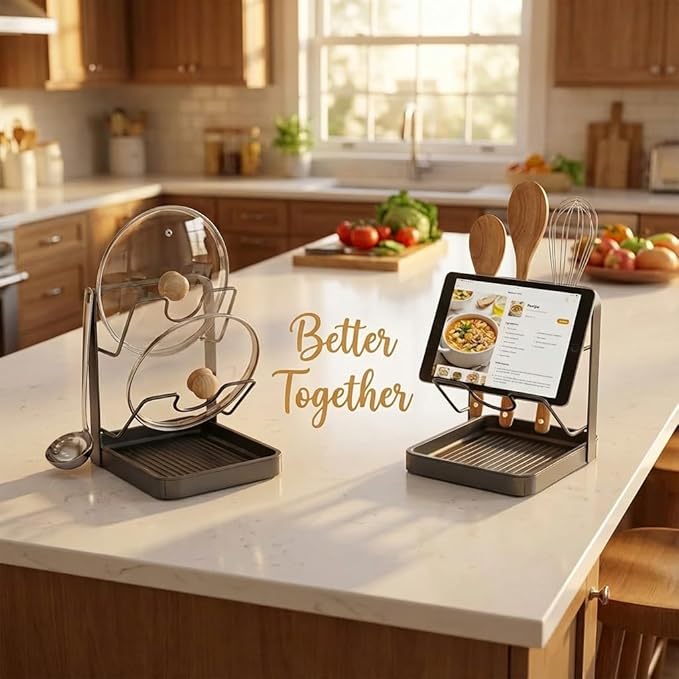 Pot Lid Organizer And Spoon Rest For Countertop, Heavy Duty Metal Pan Cover Holder Stand With Drip Tray, Vertical Kitchen Rack For Cooking Utensils, Ladle & Cutting Board Storage (1 Pack)