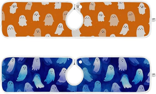 2 PCS Kitchen Sink Splash Guard 23.6 Inch Faucet Mat for Kitchen Sink Bathroom Sink Faucet Absorbing Drip Drain Mat Pad Microfiber Soft Washable Halloween Orange Blue Ghosts