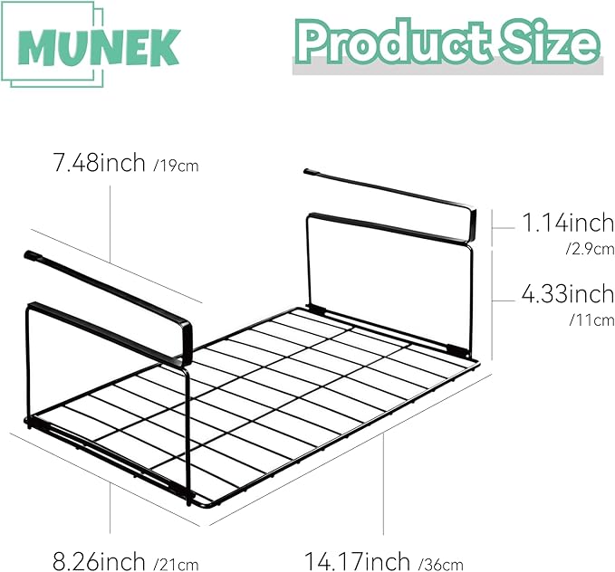 MUNEK Under Shelf Basket Storage Black 2 Pack Space-Saving with Extra Layer Lightweight & Quick to Install Non-Slip16.1"D x 8.46"W