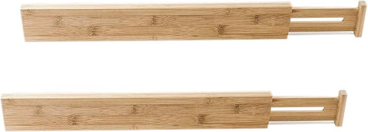 HUJI 2 PCS Bamboo Drawer Dividers Organizers For Bed Room, Bathroom, Kitchen, Garage, Great To Organize Clothes Kitchen Utensils Tools Shirts Socks Towels (1 PACK)