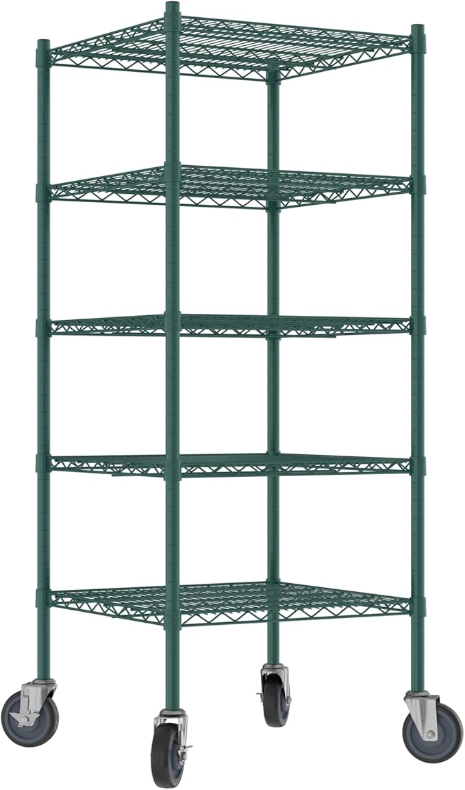 Commercial NSF Listed Green Epoxy Mobile Wire Shelving Kit 24" x 24" x 60", with 5 Shelves Perfect for Warehouse, Walk-in Refrigerator, Freezer, Grocery Store, Restaurant, Dishroom