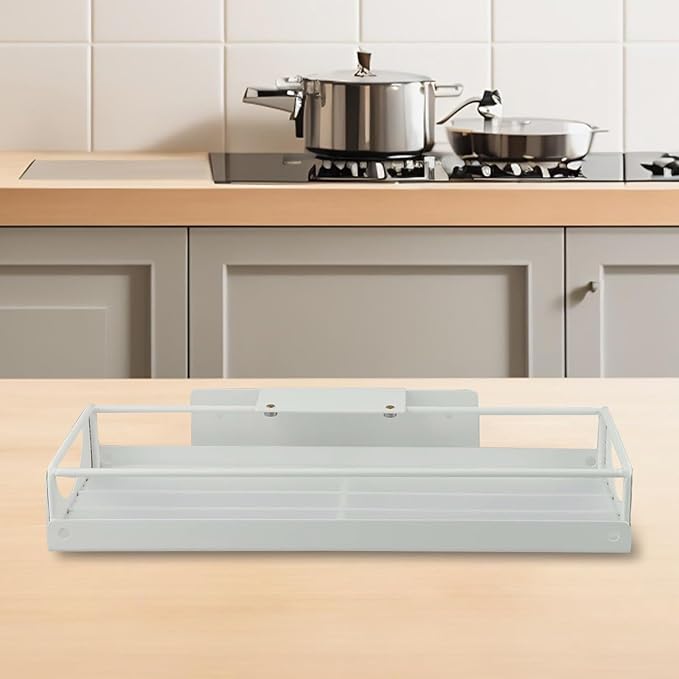 Expandable Under Sink Storage Rack for Countertop Cabinet, Stainless Steel Sliding Organizer with Retractable Rails, Adjustable Kitchen Bathroom Shelf, White