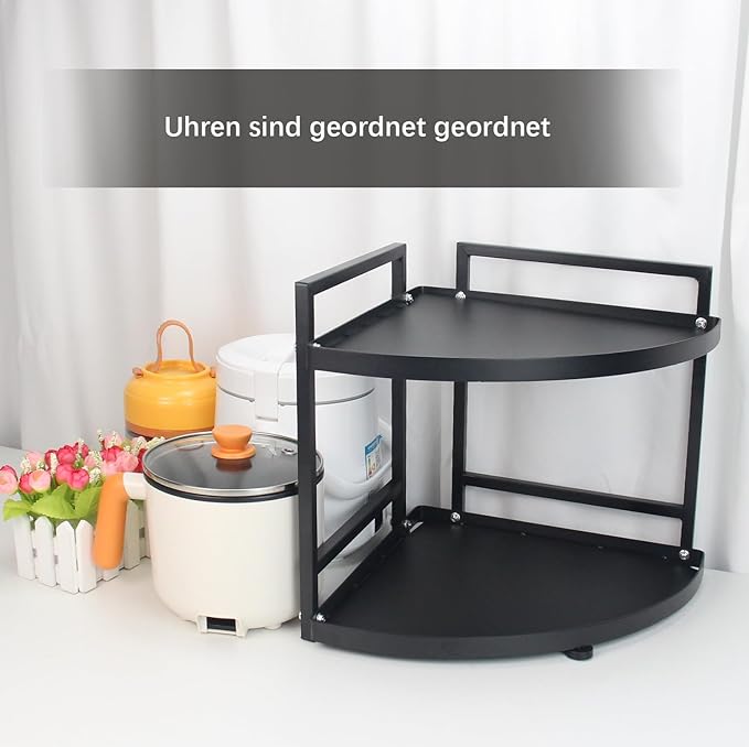 HUIJIN RA01 90° Corner Shelf for Kitchen - Space-Saving Spice Rack, Pot & Pan Organizer, Under Sink Storage - Sturdy Iron Tiered Shelves-2 Tier