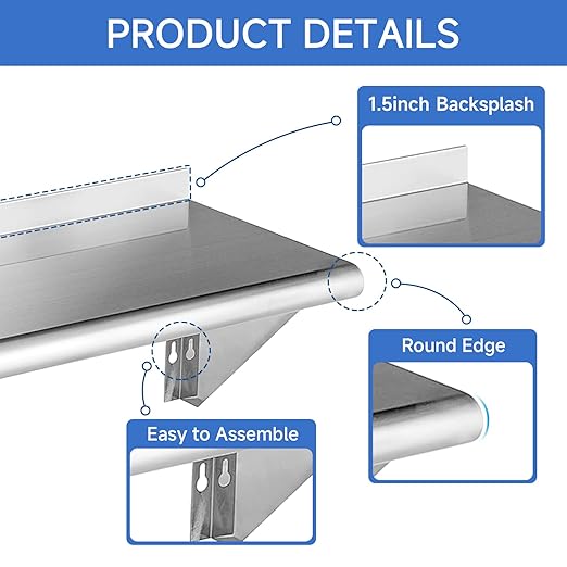 ROCKPOINT Stainless Steel Shelf 10 x 24 Inches 210lb, NSF Metal Commercial Shelves Wall Mount Floating Shelving with Backsplash for Restaurant, Kitchen, Home and Hotel, Silver