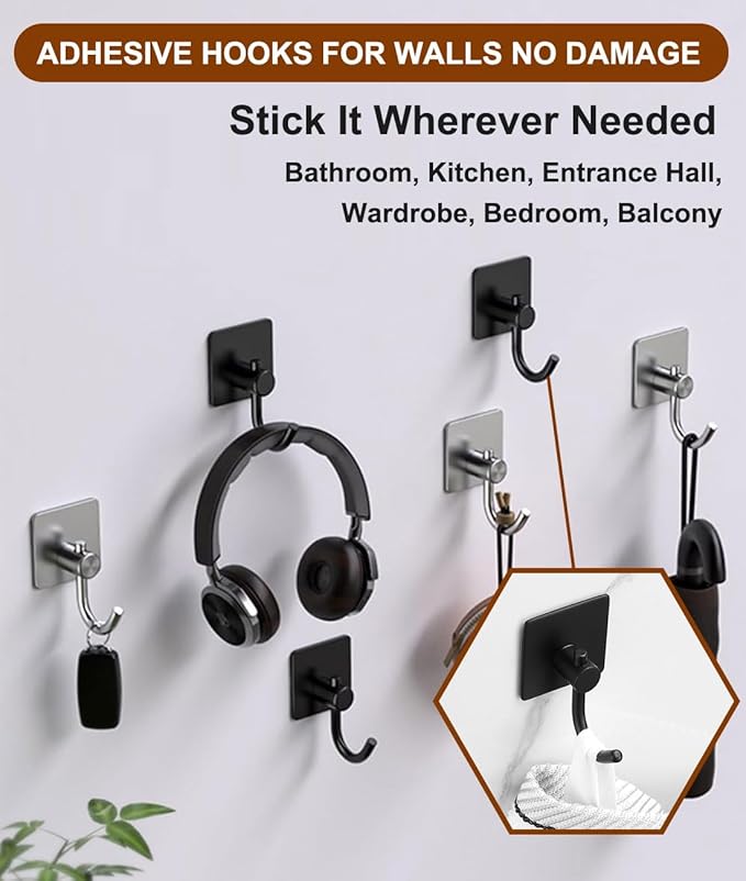EDMILE Sticky Hooks for Hanging, 6-Pack Adhesive Wall Hooks No Drilling Stainless Steel Towel Hook for Walls No Damage, Self Adhesive Hook for Bathroom Kitchen Office, Black
