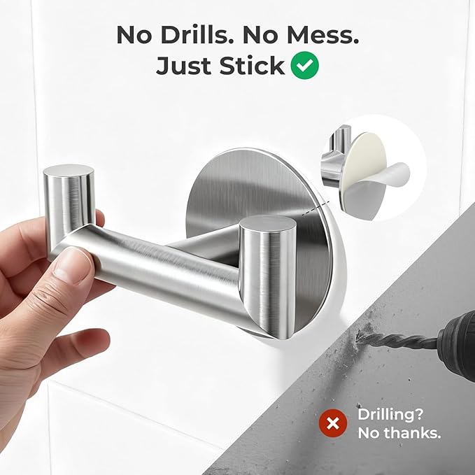 GWAAZXGZ 2 Pack Brushed Nickel Bathroom Hooks for Towels - Self Adhesive Double Hooks for Wall, No Drilling, Stainless Steel 304, Strong Hold for Robes, Coats, Shower Use