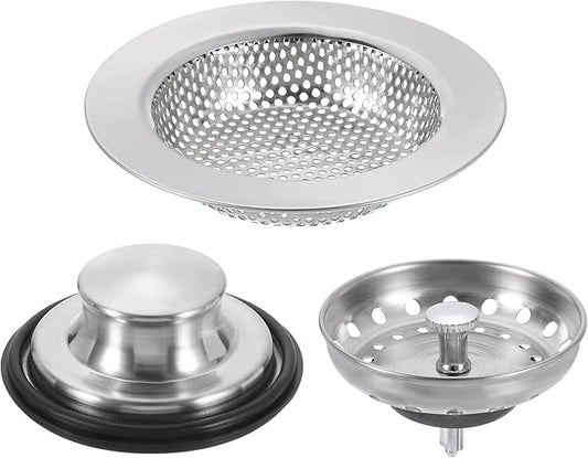 uxcell 3 Pcs Kitchen Sink Drain Strainer Matte Silver, Stainless Steel Kitchen Sink Strainer and Stopper, Anti-Clogging Basket with Handle, for Most Kitchen Sink Strainer Replacement