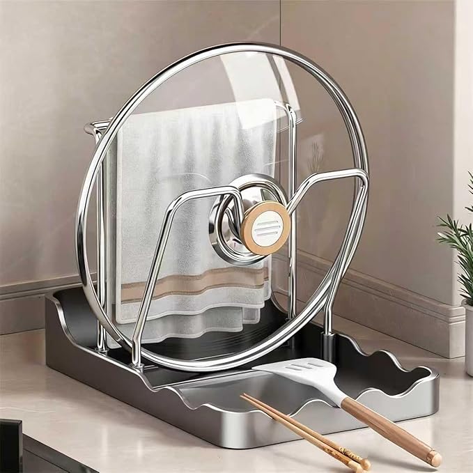 Kitchen Pot Lid Storage Rack - Pot Lid Organizer, Multifunctional Pot Lid Holder While Cooking, Rust-Resistant Carbon Steel, For Cutting Boards, Spoons, Utensils (Black-B, Double Layer)