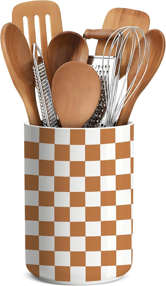 Checkered Utensil Holder,Ceramic Spatula Holder,Countertop Ceramic Utensil Holder,Large Cooking Utensil Crocks for Kitchen Counter Decor,Vase for Kitchen Utensils,H6.3 xD4.7(Brown and white)