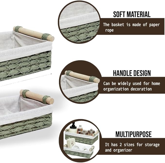 Set of 2 Green Paper Rope Storage Baskets with Wood Handles and Liner – Woven Organizer Bins for Kitchen, Pantry, Bathroom Shelf & Rustic Decorative Home Storage