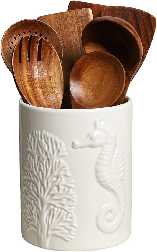 Ceramic White Seahorse Embossed Pattern Kitchen Utensil Holder, Large Cooking Utensil Crocks for Countertop, Ocean Style Utensil Organizer for Spatula and Home