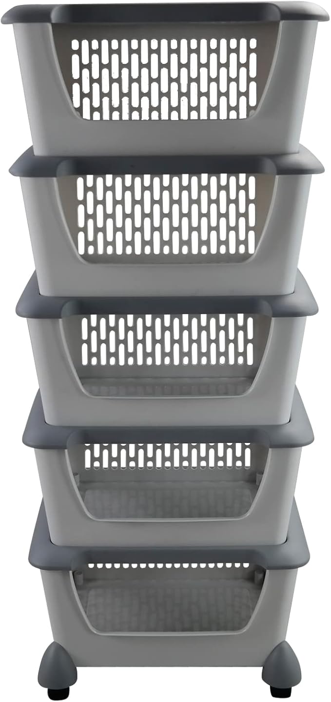 Cand 5-Pack Large Stackable Storage Bins, Plastic Stacking Baskets for Fruit, Vegeable, Snacks, Grey