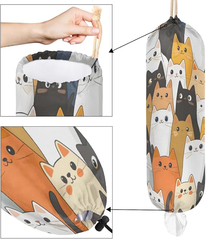 Plastic Bag Holder Cute Cartoon Cats Wall Mount Grocery Bag Holder Wasgable Plastic Bag Dispenser Garbage Bag Organizer for Home Kitchen Decor, Gifts for Women Mom Family Friends,A-1