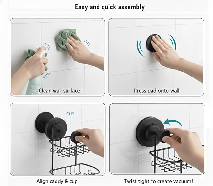 Soap Dish for Shower Suction Cup Powerful Vacuum System Rustproof 304 Stainless Steel Basket Sponges Holder with Razor Hooks for Bathroom or Kitchen Soap Holder, 2 Tier (Black)