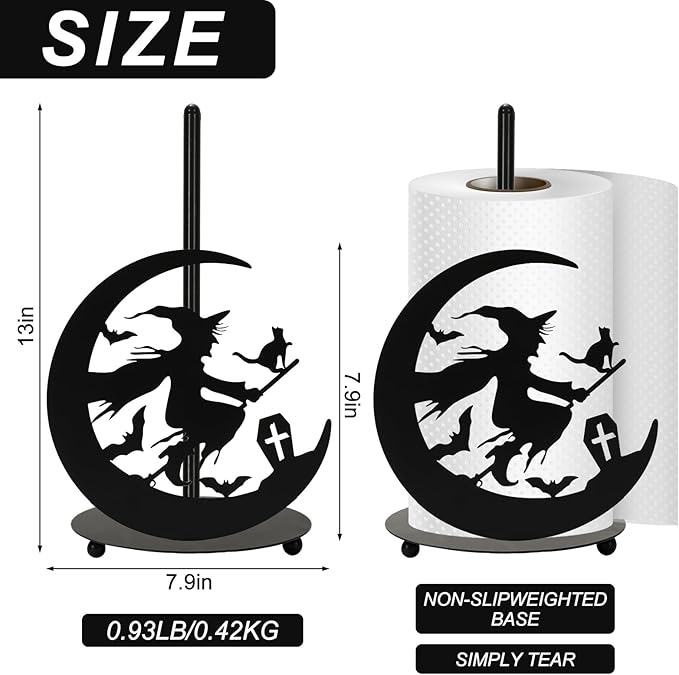 JarThenaAMCS Halloween Paper Towel Holder Black Witch Kitchen Decor Accessories for Home Bathroom, Large Metal Towel Holder Stand for Countertop