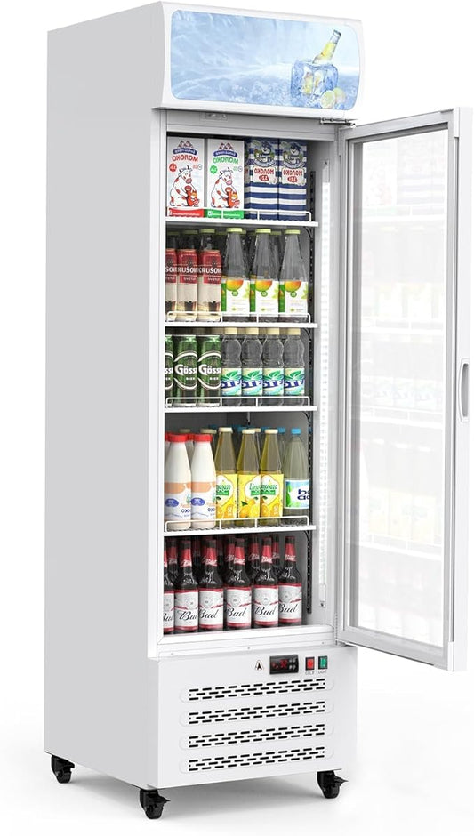 13.4 Cu.Ft Commercial Merchandiser Refrigerator, Commercial Refrigerators With Glass Door and Soft Led Light, Display Refrigerator Upright Fridge With 3 Adjustable Shelves for Shop, Restaurant, White