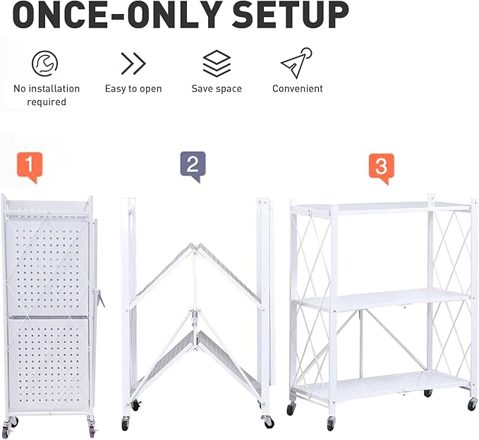Foldable Storage Shelves with Wheels, Folding Shelving Units Storage, Heavy Duty Metal Collapsible Shelf No Assembly, Large Capacity Pop-Up Organizer for Garage,Kitchen,Living Room, 3-Tier White
