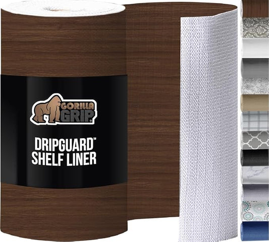 GORILLA GRIP DripGuard Shelf Liner, Non Adhesive Drawer and Kitchen Cabinet Protector, Slip Resistant BPA Free Smooth Surface Plastic Liners for Cabinets, Bathrooms, Closets, 12x120 Inch, Wood
