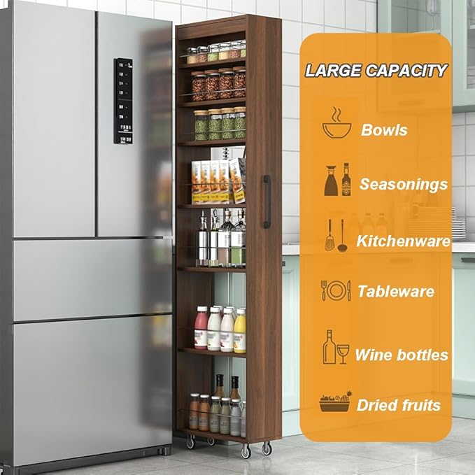 7 Tier Slim Storage Cart, Rolling Spice Rack Next to Fridge Slim, Narrow Storage Cabinet, Wood Storage Organizer with Handle Wheels for Kitchen, Dining Room (7 Tier - Walnut2)