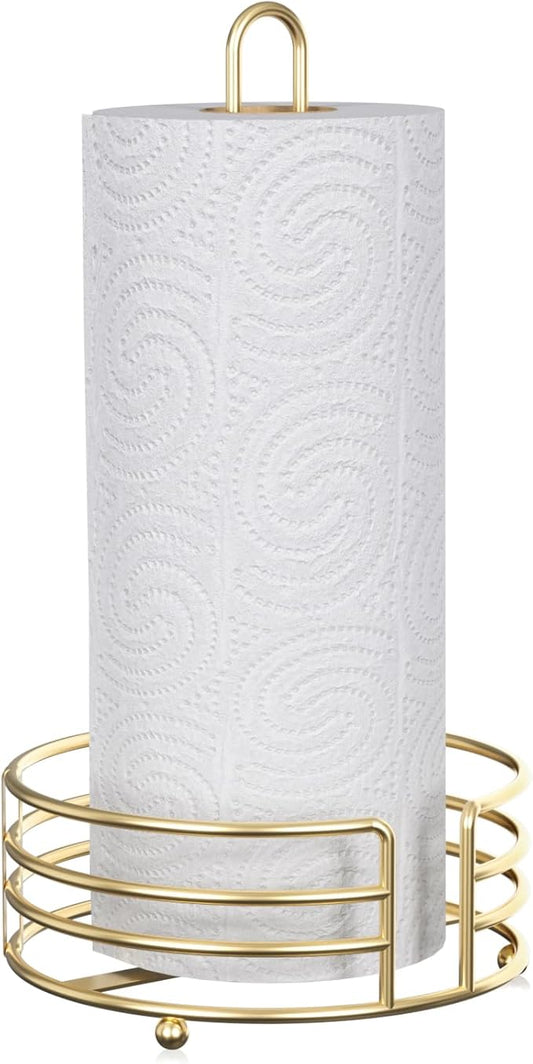 Buruis Shiny Gold Paper Towel Holder for Kitchen Countertop - One Hand Tear with 8" Wide Base, 13" Height, Raised Feet & U-Handle - Premium Steel Stand, Fits Jumbo Mega Rolls