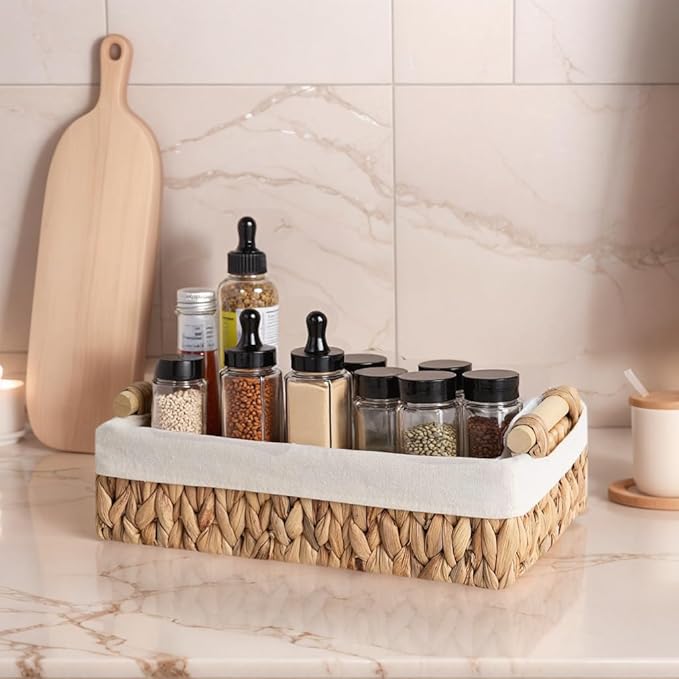 Water Hyacinth Woven Storage Baskets with Wooden Handles, Natural Decorative Organizer Bins with Liner for Bathroom, Countertop, Shelf & Toilet Tank – Set of 2