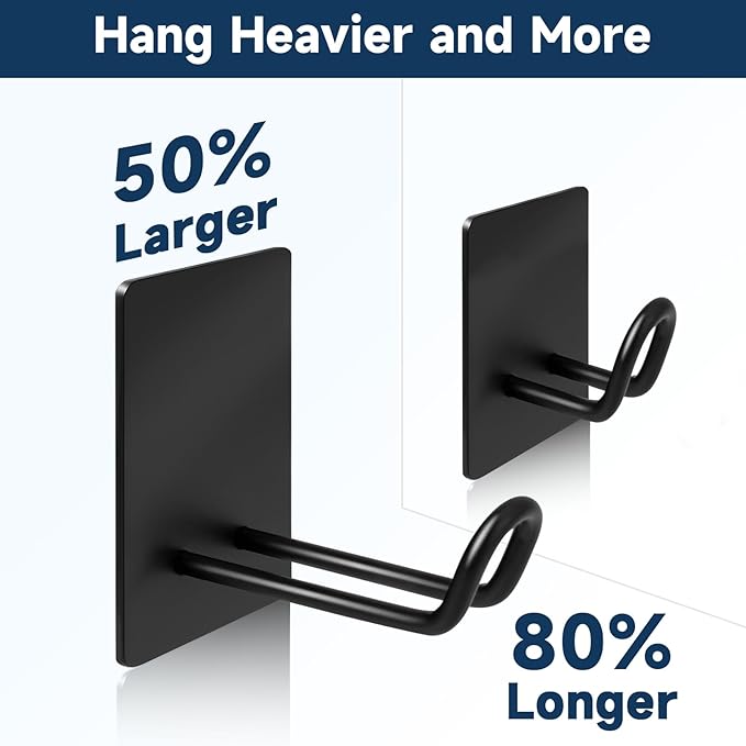 Quavzotu Self Adhesive Hooks Heavy Duty, Large Stainless Steel Towel Hooks, No Drill Sticky Hooks, Long Stick on Shower Wall Hooks for Hanging Hat Coat Key Headphone (Black(6Pcs))