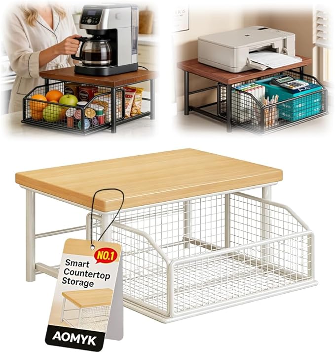 Kitchen Countertop Organizer with Drawer and Wire Basket, Microwave Cart Stand with Sliding Storage Shelf, Space-Saving Counter Organizers Rack, Compact 2-Tier Shelf for Coffee Maker(Wood-White)