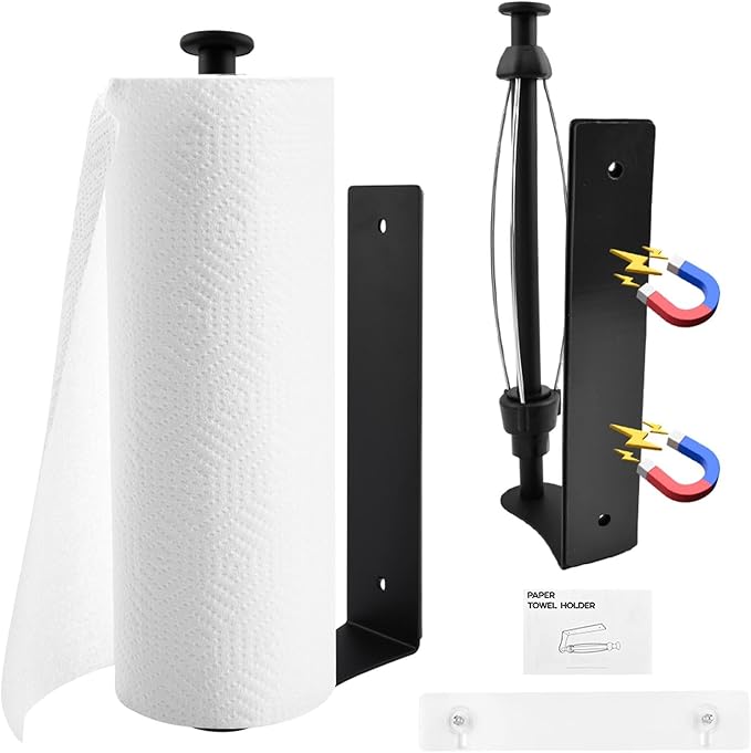 Magnetic Paper Towel Holder for Fridge, No Drill, One Hand Tear Paper Towel Holder with Ratchet Mechanism, Self-Adhesive & Wall Mount for Refrigerator, Kitchen, Garage, RV(Color:Black)