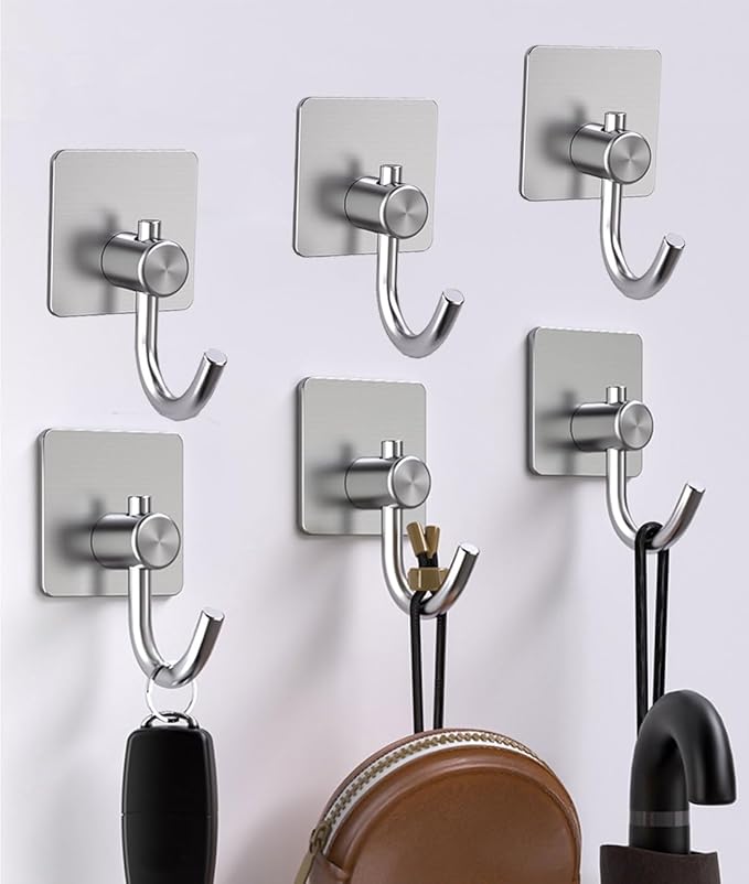EDMILE Self Adhesive Towel Hooks for Bathrooms, Sturdy Wall Hooks for Walls No Damage, Waterproof Rustproof Stainless Steel Sticky Hooks for Hanging Shower, Bathroom, Kitchen, Robe, Coat, Silver