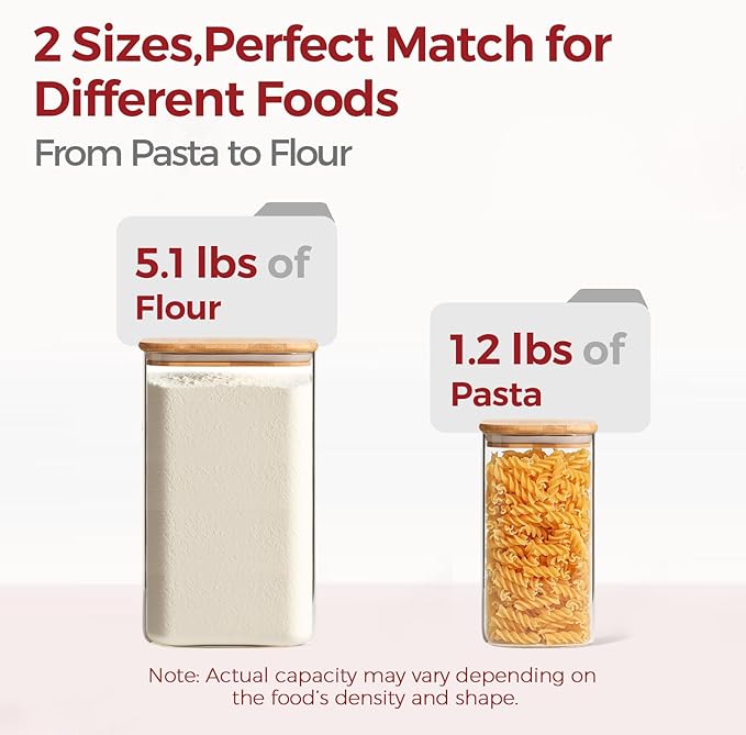 Glass Flour and Sugar Containers, Square Glass Containers with Bamboo Lids, Gallon Jars with Bamboo Lids for Cookies, Coffee Beans （2 pack 1.6/4.6 qt）