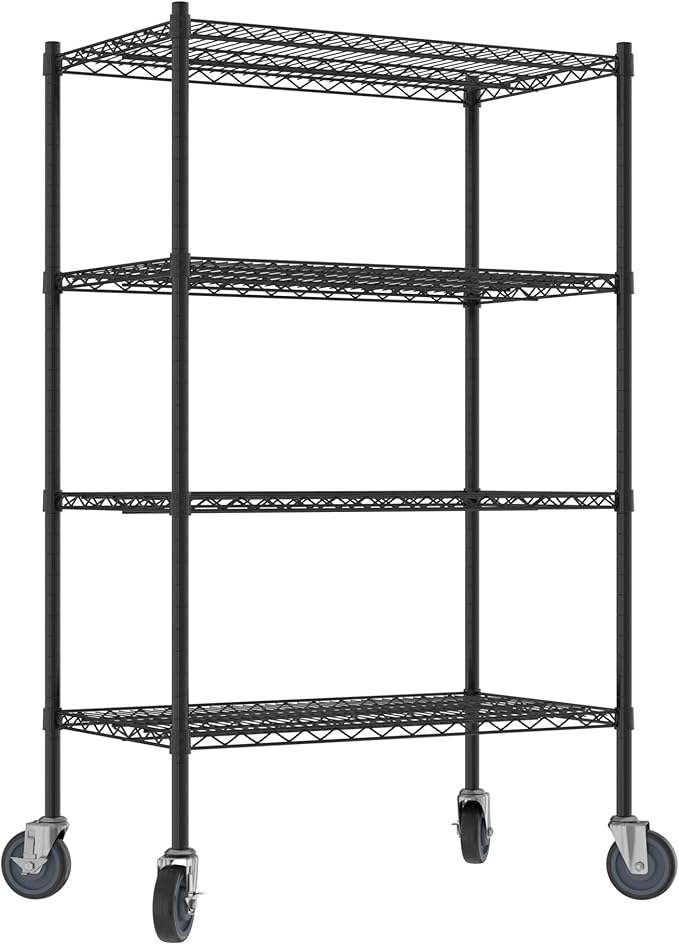 Commercial NSF Listed Black Epoxy Mobile Wire Shelving Kit 21" x 36" x 60", with 4 Shelves Perfect for Warehouse, Walk-in Refrigerator, Freezer, Grocery Store, Restaurant, Dishroom
