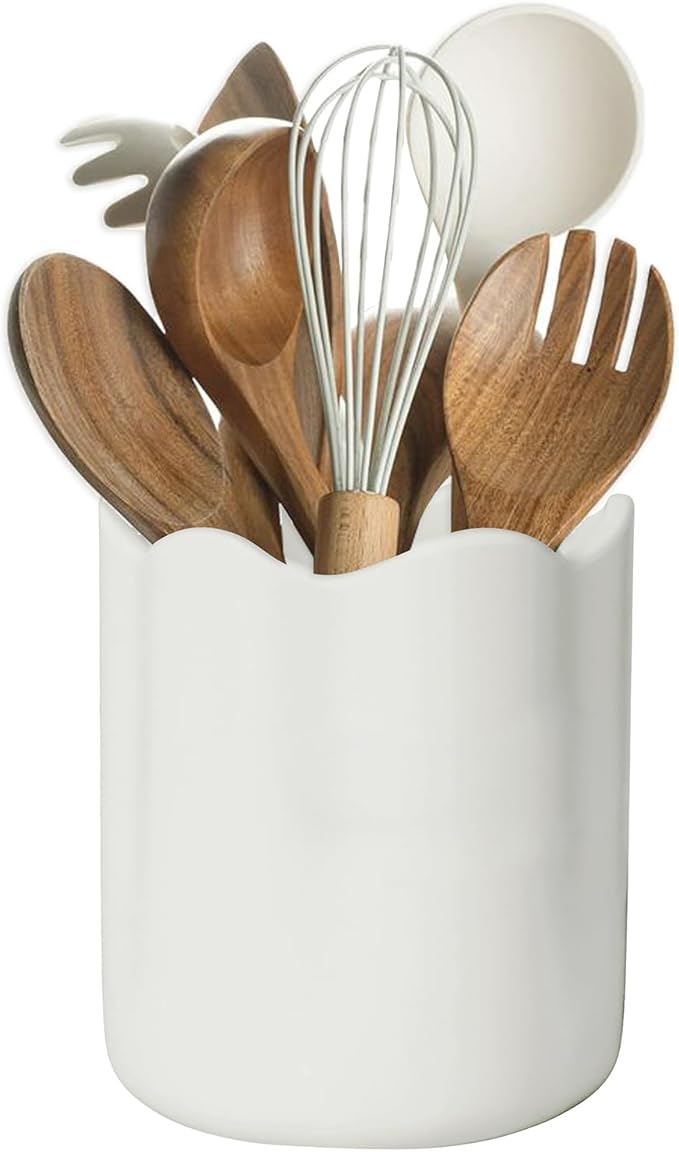Ceramic Utensil Holder for Kitchen Counter, 6.2" Large Kitchen Utensil Holder for Countertop with Cork Bottom, Cooking Tool Organizer for Spatula, White