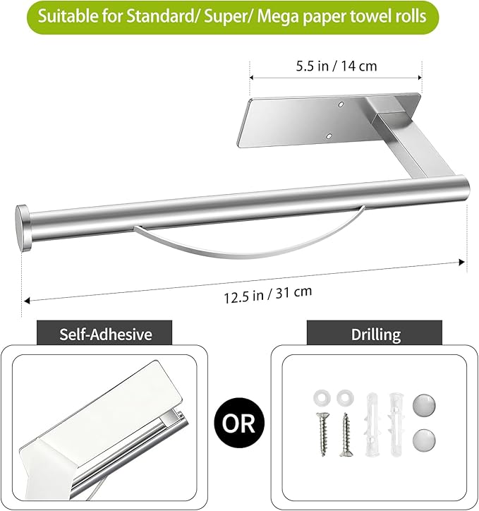 Paper Towel Holder Under Cabinet, Single Hand Operable Tearing Off Paper Towels with Damping Effect, Both Available in Adhesive and Screws, Stainless Steel (Silver)