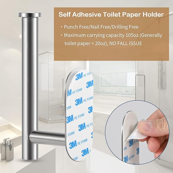 Toilet Paper Holder - Self Adhesive Toilet Paper Holder Wall Mount for Bathroom, SUS 304 Stainless Steel Command Strip Toilet Paper Roll Holder Stick On, No Drilling - Brushed Nickel（2 Pcs）